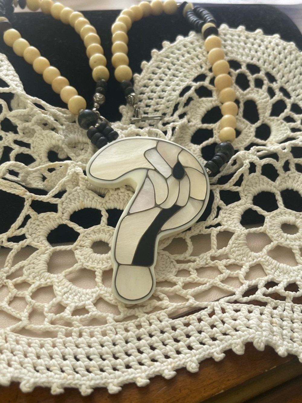 Question Mark Inlay Pendant Necklace in Cream, Black & Ivory